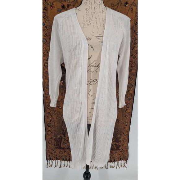 AVA White Linen Blend Open Front Topper Sweater Pintucks Long Line - Picture 1 of 16